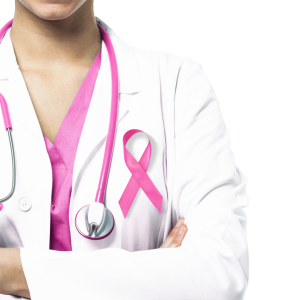 female doctor with cancer ribbon